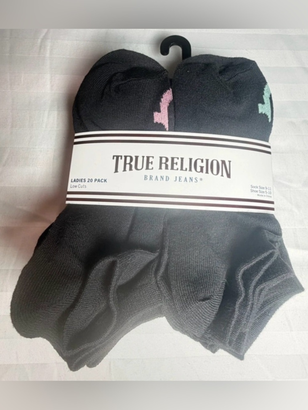 True Religion Black Low-Cut Athletic Socks with Pink & Mint Accents